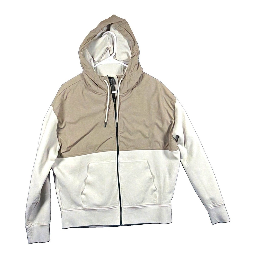 Mens M, Hoodie AE, Beige/Gray Colorblock Fleece Full Zip Drawstring Pockets